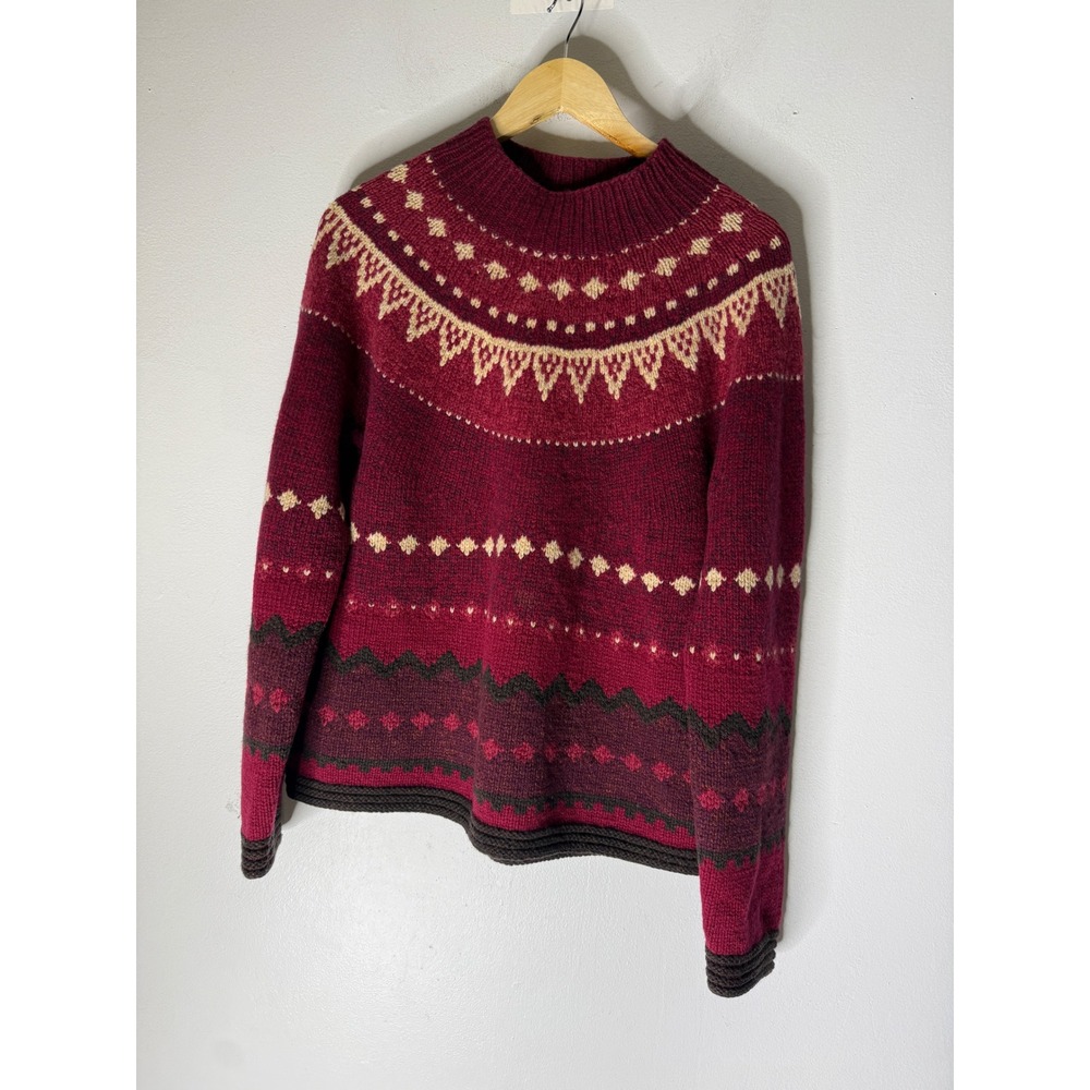 Lands End Womens Burgundy Wool Fair Isle Mock Neck Sweater Size M 10-12 Pullover
